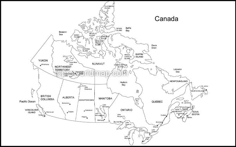 Blank Canada Map with Provinces and Capitals
