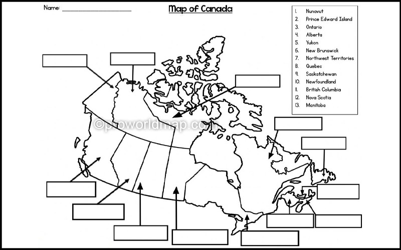 Map of Canada For Practice Worksheets