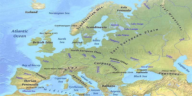 Map of Europe Physical Labeled